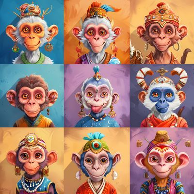 KI-generierte Porträts: Neun stilisierte Affen in traditioneller Kleidung